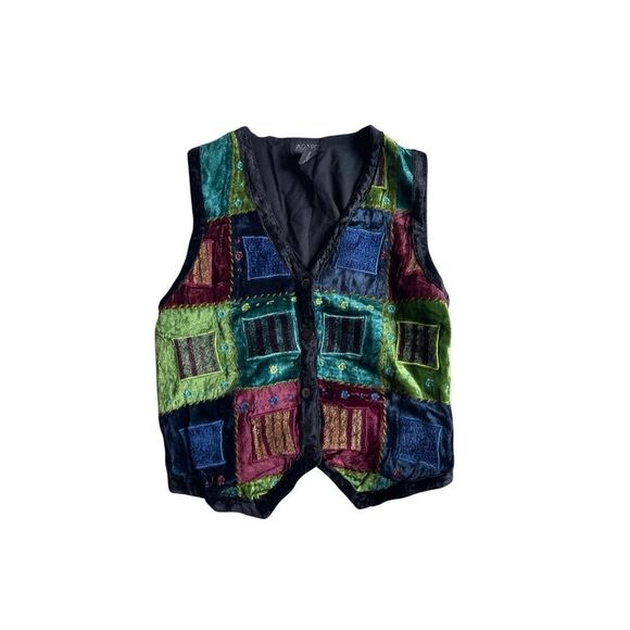 Vintage 90s earth tone velour patchwork boho button down vest - Picture 1 of 5
